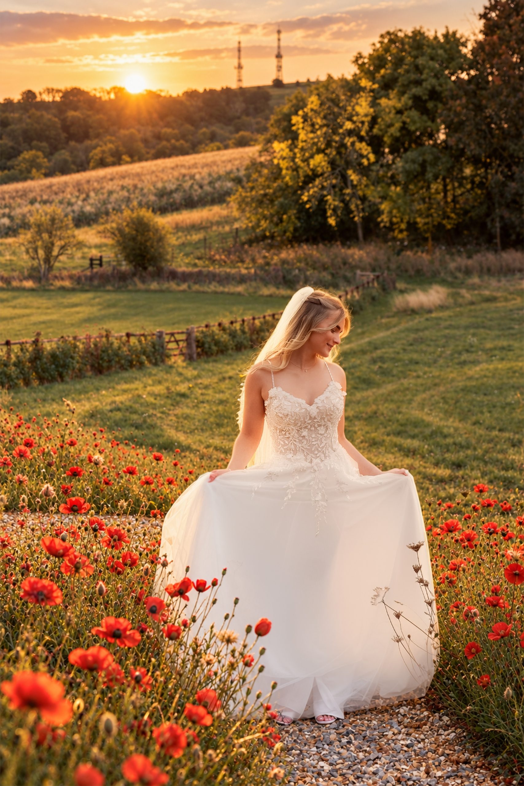 Bride Ella in her wedding dress among red poppies in the countryside at sunset
