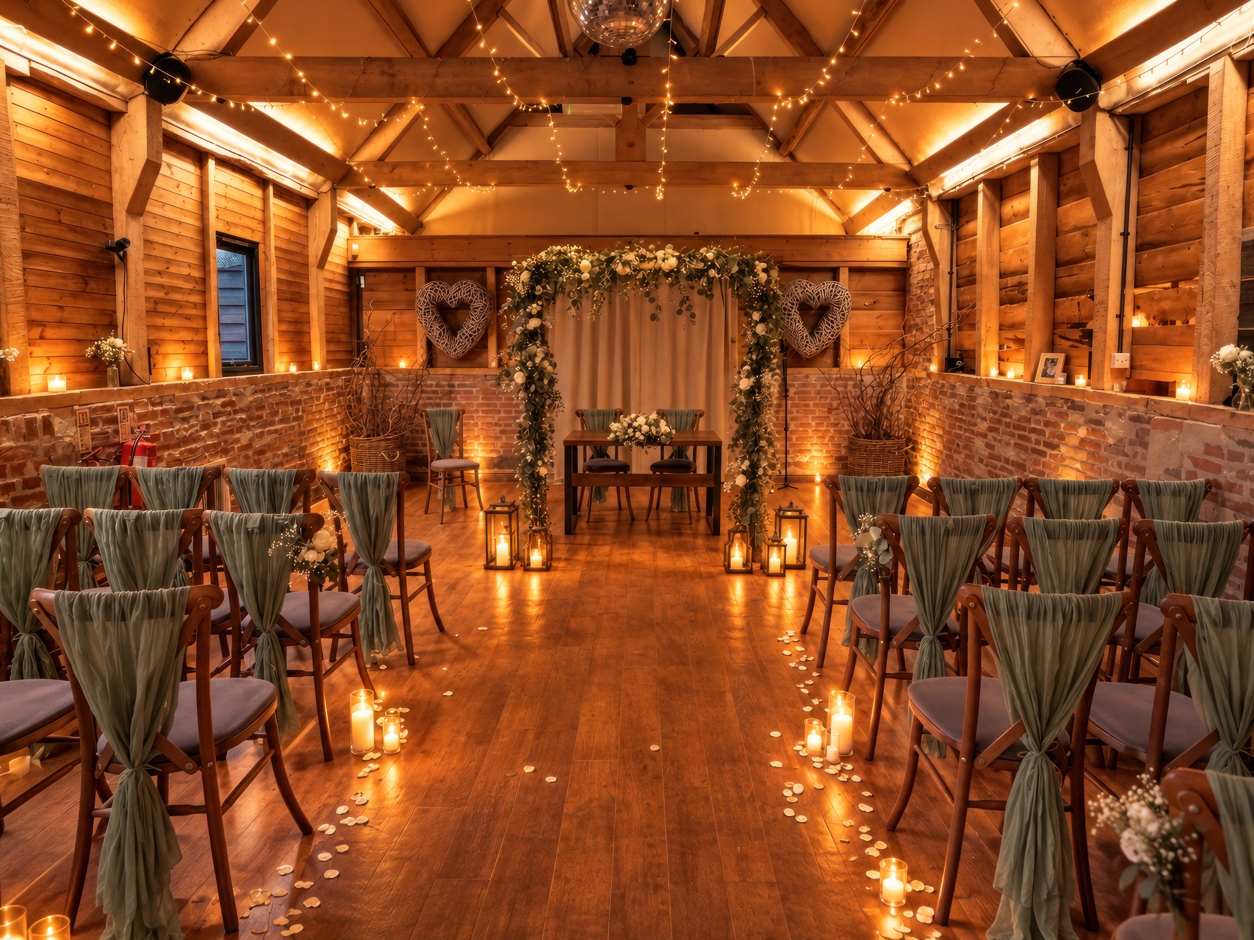 Wedding ceremony room at Wellington Barn, Wiltshire, with warm lighting, floral arch and chairs