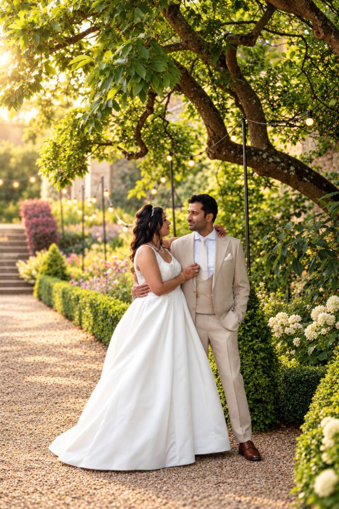 Rosie and Sorab together beneath the trees and festoon lights in the gardens at Farleigh House