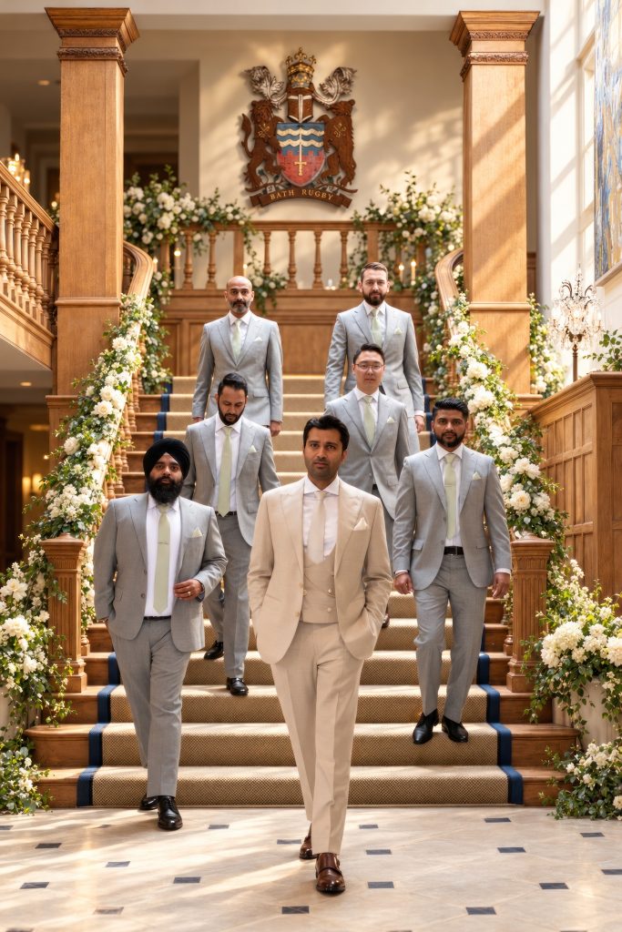 Sorab and his groomsmen on the grand wooden staircase at Farleigh House