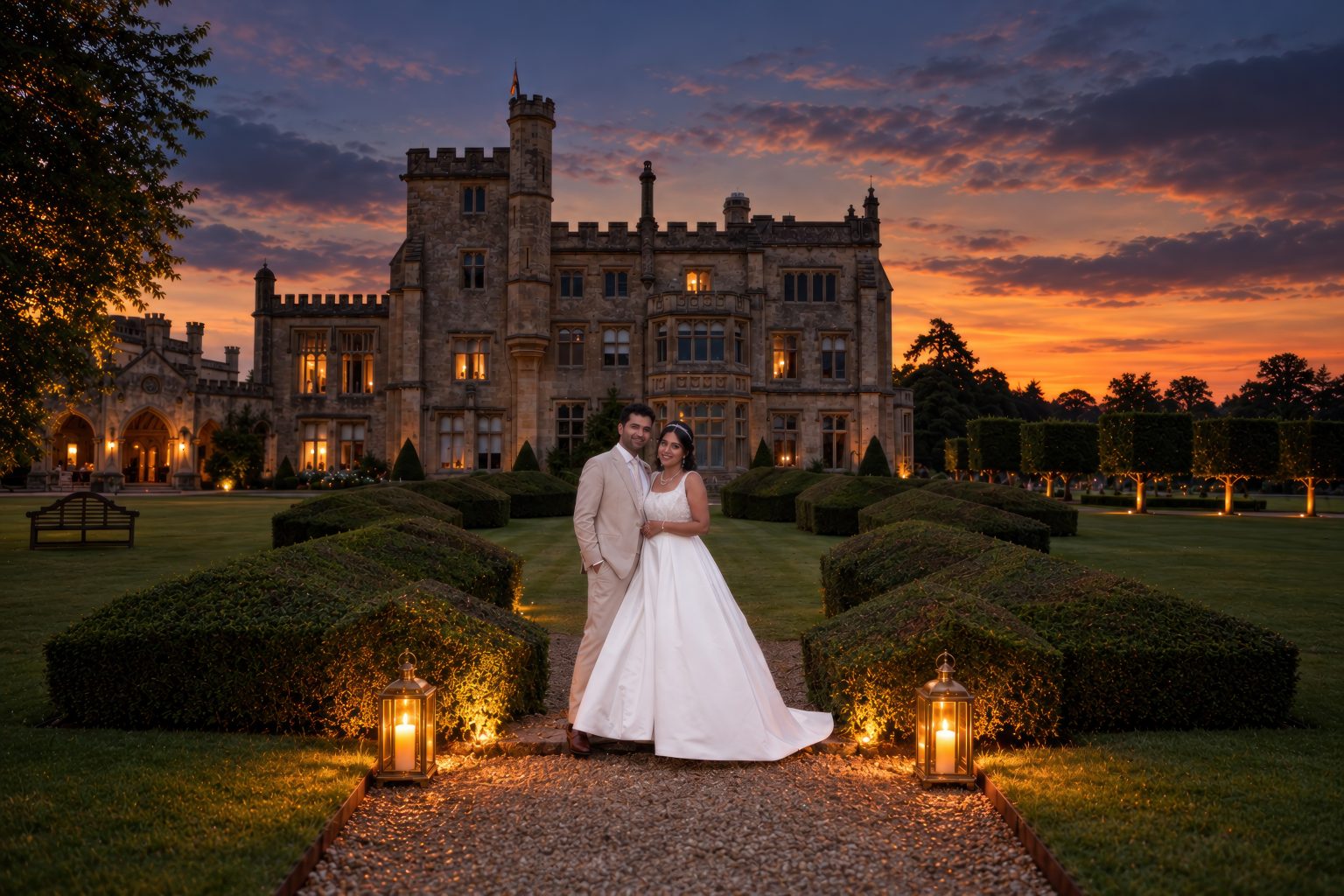 Rosie and Sorab outside Farleigh House at dusk, with lanterns beside the garden path