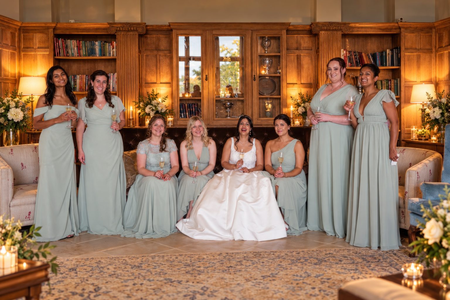 Rosie and her bridesmaids with champagne in the wood-panelled library at Farleigh House