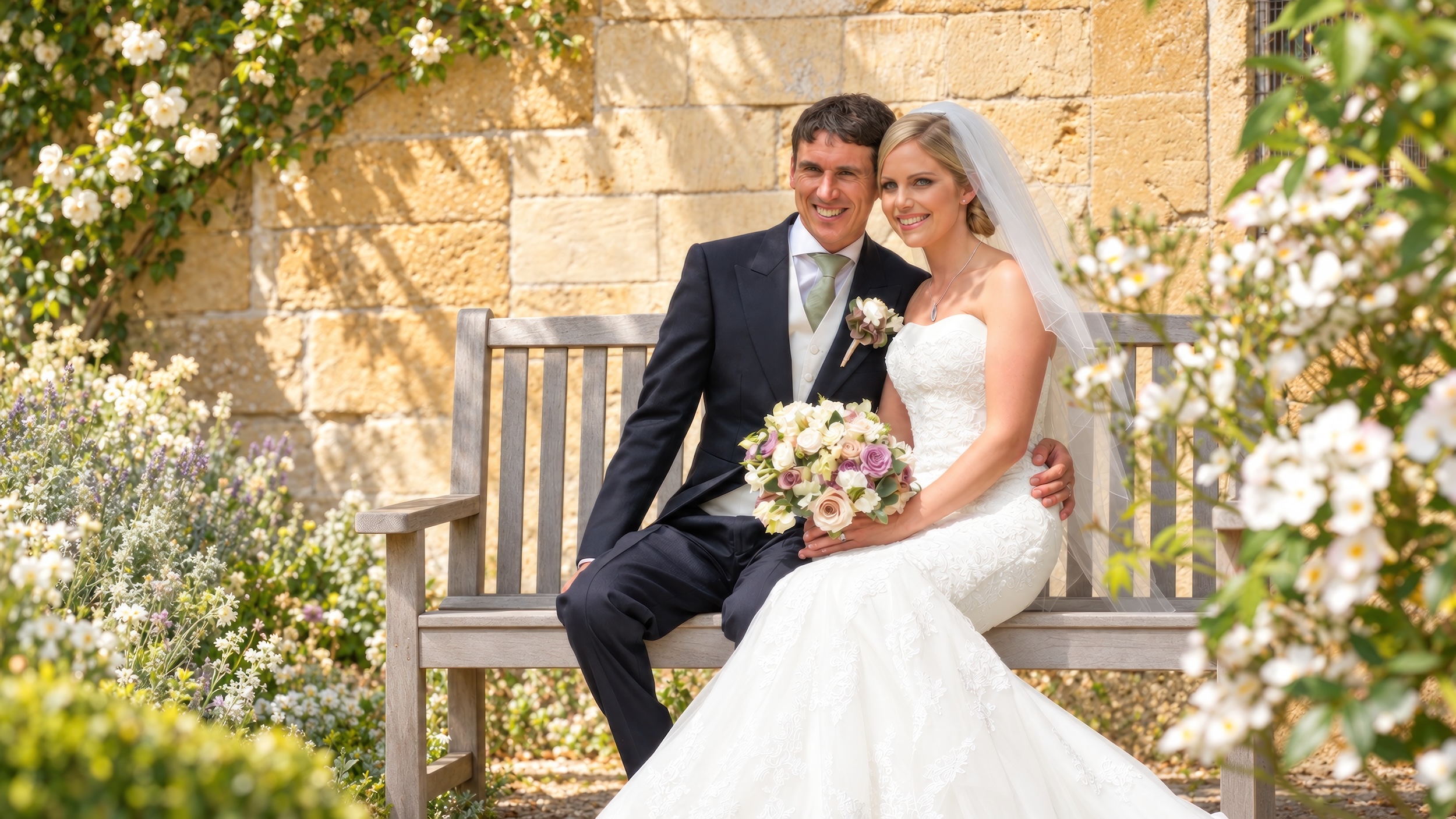 Paddy and Lynsey sitting together on a bench at Sudeley Castle